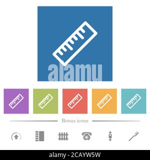Ruler flat white icons in square backgrounds. 6 bonus icons included. Stock Vector