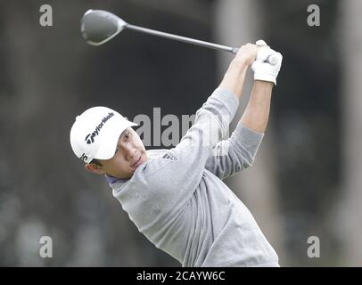 San Francisco, United States. 09th Aug, 2020. Collin Morikawa hits his tee shot on the 4th hole in the final round of the 102nd PGA Championship at TPC Harding Park in San Francisco on Sunday, August 9, 2020. Photo by John Angelillo/UPI Credit: UPI/Alamy Live News Stock Photo