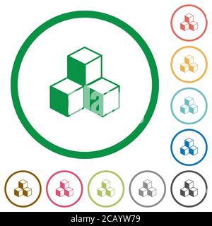 Cubes flat color icons in round outlines on white background Stock Vector