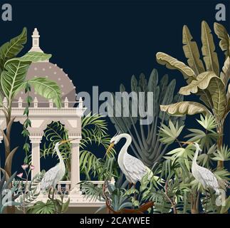 Border with ancient arbor and herons in the jungle. Vector. Stock Vector
