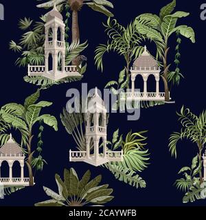 Seamless pattern with jungle trees and ancient arbor. Vector. Stock Vector