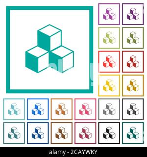 Cubes flat color icons with quadrant frames on white background Stock Vector