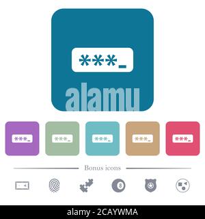 PIN code white flat icons on color rounded square backgrounds. 6 bonus icons included Stock Vector