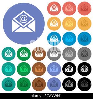 Open mail with email symbol multi colored flat icons on round backgrounds. Included white, light and dark icon variations for hover and active status Stock Vector