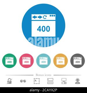 Browser 400 Bad Request flat white icons on round color backgrounds. 6 bonus icons included. Stock Vector