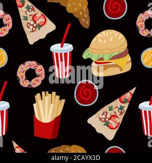 Seamless pattern with fast food such as hamburger, donuts and cola. Vector cartoon flat illustration Stock Vector