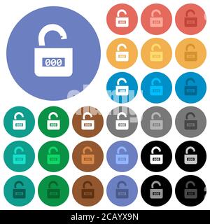 Unlocked combination lock with center numbers multi colored flat icons on round backgrounds. Included white, light and dark icon variations for hover Stock Vector