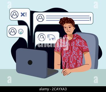Bullying on the net. The guy is sitting at the computer and getting bad comments. Vector cartoon flat illustration. Stock Vector