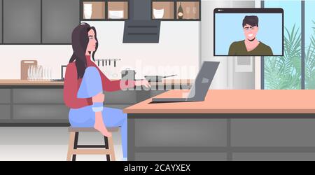 woman chatting with boyfriend in web browser window during video call online meeting virtual relationship social networking self isolation concept kitchen interior horizontal vector illustration Stock Vector