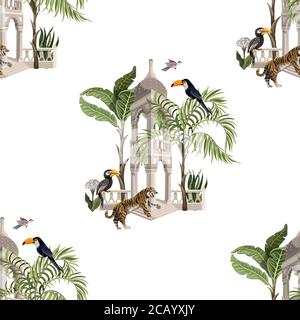 Seamless pattern with ancient arbor and wild animals in the jungle. Vector. Stock Vector