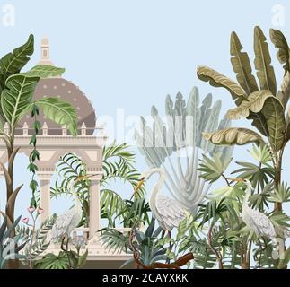 Border with ancient arbor and herons in the jungle. Vector. Stock Vector