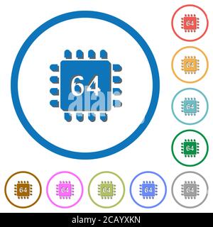 Microprocessor 64 bit architecture flat color vector icons with shadows in round outlines on white background Stock Vector