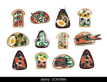Set of sandwiches. Healthy food from natural products. Vector cartoon flat illustration. Stock Vector