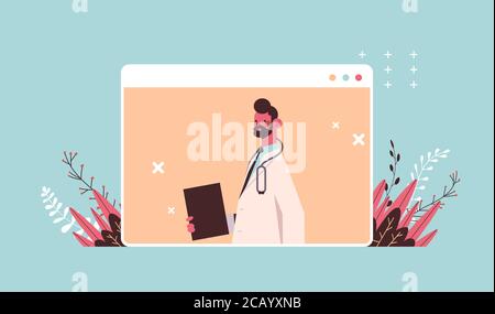 male doctor in web browser window consulting patient online consultation healthcare telemedicine medical advice concept portrait vector illustration Stock Vector