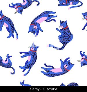 Seamless pattern with blue cats or leopards. Vector. Stock Vector