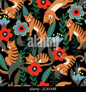 Seamless pattern with tiger and flowers. Vector. Stock Vector