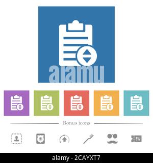 Adjust note priority flat white icons in square backgrounds. 6 bonus icons included. Stock Vector