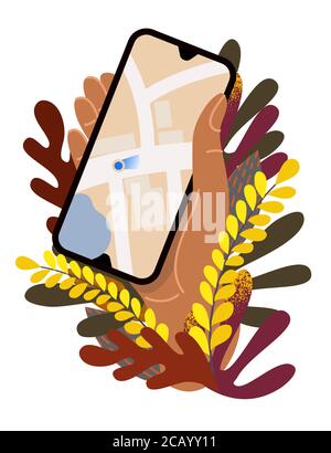 Hand holds a smarton with a navigator that shows the way. Vector cartoon flat illustration. Stock Vector