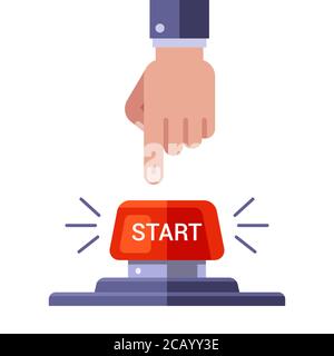 man presses the red start button. flat vector illustration isolated on white background. Stock Vector