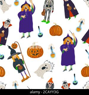 Seamless pattern with Halloween scary elements. Vector cartoon flat illustration. Stock Vector