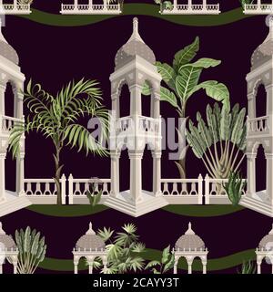 Seamless pattern with jungle trees and ancient arbor. Vector. Stock Vector