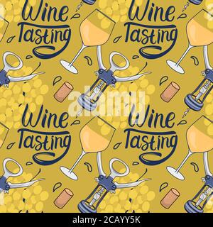 White Wine Seamless pattern. Corkscrew with wineglass. Wine tasting lettering inscription. Vector hand drawn illustration. Winery surface design. Stock Vector