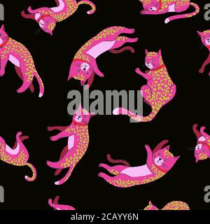 Seamless pattern with pink cats or leopards. Vector. Stock Vector