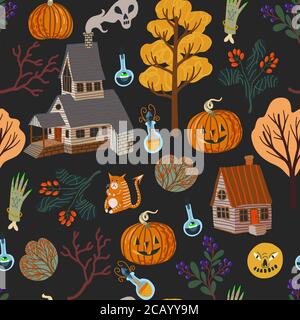 Seamless pattern with Halloween scary elements. Vector cartoon flat illustration. Stock Vector