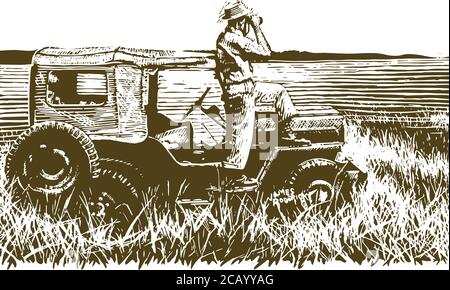 Man with binoculars, standing on a vehicle, viewing the plains. Stock Vector