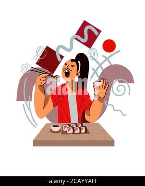 Ninja eats sushi.Vector cartoon flat illustration. Stock Vector