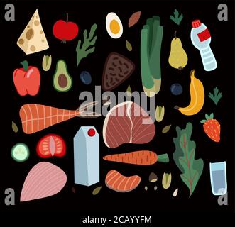 Set of healthy food such as meal, vegetables and fruits. Vector cartoon flat illustration. Stock Vector