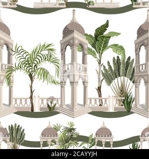Seamless pattern with jungle trees and ancient arbor. Vector. Stock Vector