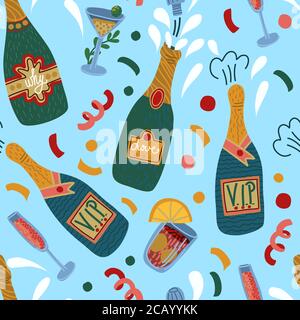 Seamless pattern with bottles of champagne and glasses. Vector. Stock Vector