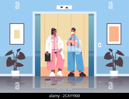 mix race medical workers discussing during meeting in hospital elevator healthcare medicine concept doctors in uniform full length horizontal vector illustration Stock Vector