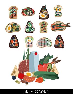 Set of sandwiches. Healthy food from natural products. Vector cartoon flat illustration. Stock Vector