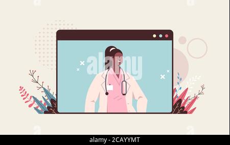 female doctor in web browser window consulting patient online consultation healthcare telemedicine medical advice concept portrait vector illustration Stock Vector