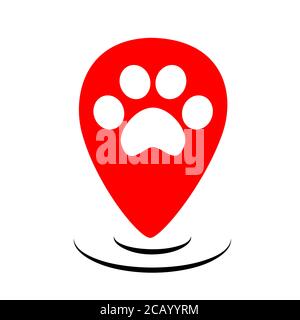 Red flat pets gps logo design. Paw on map marker vector. Animal walking takes care with location position. Navigation sign for pet web app. Cute happy dog. Stock Vector