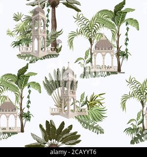 Seamless pattern with jungle trees and ancient arbor. Vector. Stock Vector