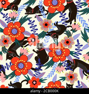 Seamless pattern with black cats and flowers. Vector. Stock Vector
