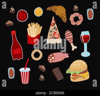 Set of fast food such as hamburger, donuts and cola. Vector cartoon flat illustration. Stock Vector