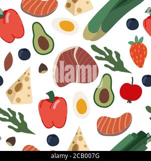 Seamless pattern with healthy food such as meal, vegetables and fruits. Vector cartoon flat illustration. Stock Vector