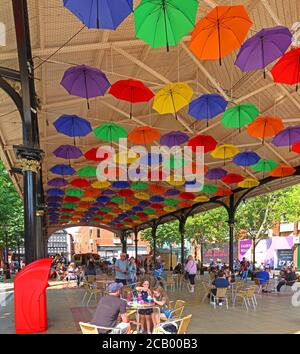 Old Market Place,with umbrellas, Warrington, Cheshire, England, UK, WA1 1QB Stock Photo
