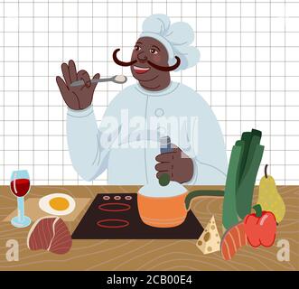 Cook prepare food in the kitchen from healthy products. Vector cartoon flat illustration. Stock Vector