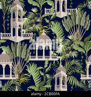 Seamless pattern with jungle trees and ancient arbor. Vector. Stock Vector