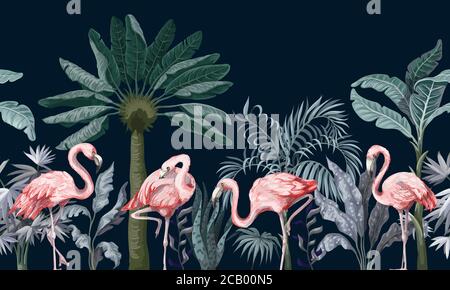 Border with pink flamingo in the jungle. Vector. Stock Vector