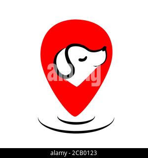 Flat pets gps logo design. Dog map marker vector. Animal walking takes care with location position. Navigation sign for pet web app. Cute happy puppy. Stock Vector