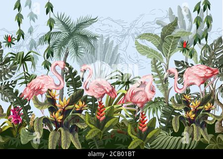 Border with pink flamingo in the jungle. Vector. Stock Vector