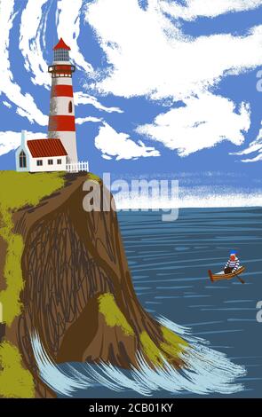 Seascape with a lighthouse and a boat. White lighthouse with red stripes and a roof. Holiday card. Stock Vector