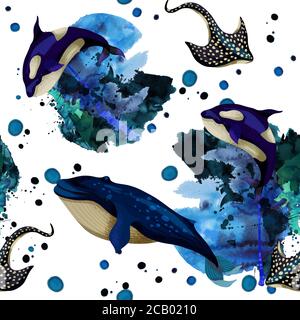 Seamless watercolor pattern with blots and whales. Vector. Stock Vector