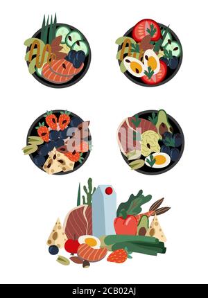Set of poke bowls. Healthy food from natural products. Vector cartoon flat illustration. Stock Vector